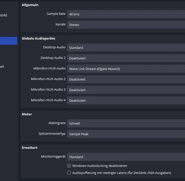 OBS Studio audio settings menu showing sample rate, desktop audio, and microphone configurations.