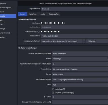 OBS Studio output settings menu in German showing NVIDIA NVENC H.264 video encoder configurations for Twitch streaming.