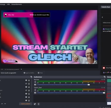 OBS Studio software interface showing a Twitch stream starting soon screen with German text and audio mixer.
