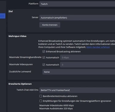 Screenshot of OBS Studio stream settings in German for Twitch Enhanced Broadcasting and video configuration.