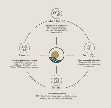 Diagram showing the four pillars of pattern-based acupuncture: Mind, Body, Systems, and Patterns