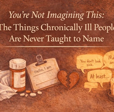 Crinkled paper, pills, pill bottle, name card "Hello, I am", broken heart, lit candle, quote bubbles