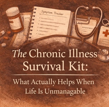 Symptom tracker notebook, pill bottle, pills, medical ID card, stethoscope, documents faded behind text.