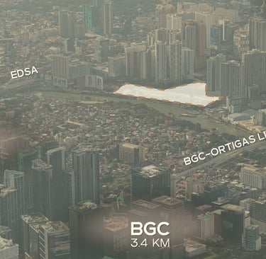 Aerial view of Metro Manila skyline showing Makati, BGC, and the BGC-Ortigas Link Bridge development area.