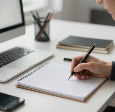 A calm, professional office desk with golden accents and a sleek laptop open next to a secure mailbox.