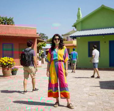 A vibrant outfit bursting with cheerful colors against a sunny city backdrop.