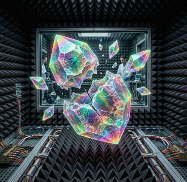 A professional audio mastering studio with anechoic acoustic foam panels on the walls and ceiling.