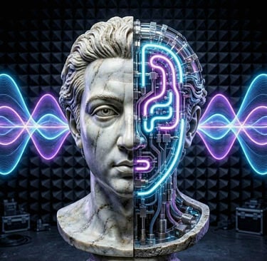 A visual breakdown of cognitive acoustics featuring a split classical marble bust of Mozart.
