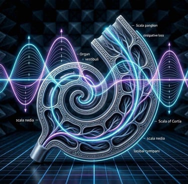 A hyper-detailed, technical cross-section diagram of a human cochlea.