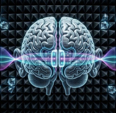 An advanced neurological schematic diagram mapping a human brain split down the center axis.