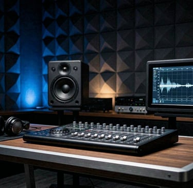 Modern professional audio studio setup with premium headphones, studio monitors displaying sound.
