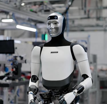 "Futuristic Tesla Optimus humanoid robot walking in factory 2026, Elon Musk vision for AI-powered as