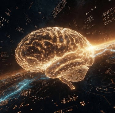 Glowing golden neural brain made of light nodes and data streams floating in a dark cosmic backgroun