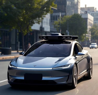 Tesla self-driving car with advanced camera array cruising through a modern city, showcasing FSD v13