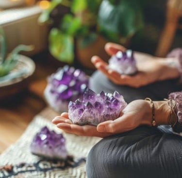 Persona meditando mientras sostiene una amatista morada en bruto