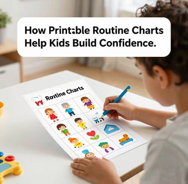 A cheerful child happily engaged in a colorful learning activity with bright printable cards scattered around.