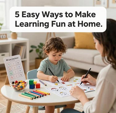 A cheerful child happily engaged in a colorful printable activity kit surrounded by soft clouds and stars.