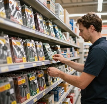 A wide shot of a warehouse stocked with various construction accessories and tools.