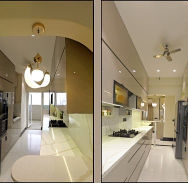 Modern modular kitchen with matte finish cabinets and built-in appliances, Noida project.