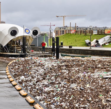 Mr. Trash Wheel in Baltimore Harbor collects trash before it can pollute waterways.