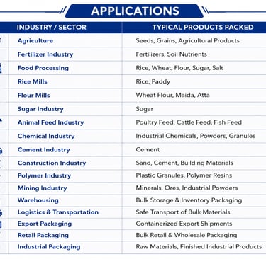 Table showing industrial applications for packaging products across agriculture, cement, and chemical sectors.