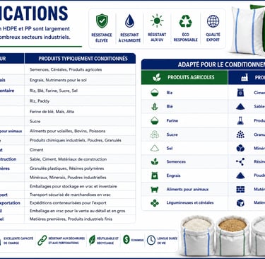 Infographic showing industrial applications for HDPE and PP woven bags in agriculture, construction, and chemical industries.