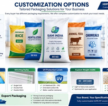 Customizable HDPE and PP woven bags for rice, fertilizer, animal feed, and chemical packaging solutions.