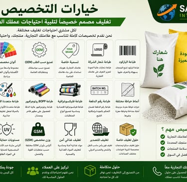 Custom industrial packaging solutions infographic showing woven polypropylene bags, printing options, and branding