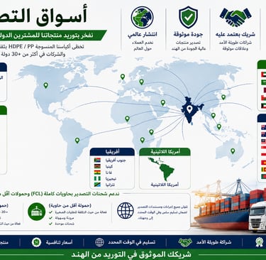Infographic showing global export markets for HDPE and PP woven bags from India, including shipping and logistics details.