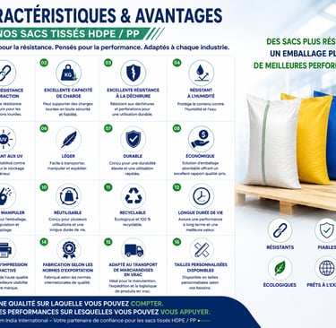 Infographic showing features of durable HDPE and PP woven bags for industrial packaging and bulk transport.