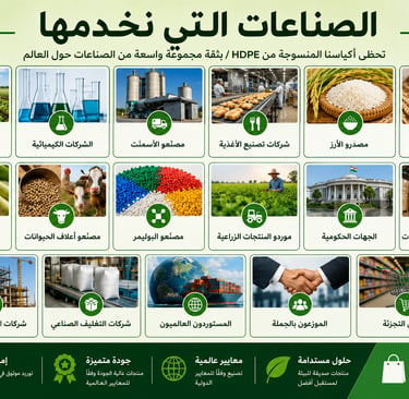Arabic infographic showcasing global HDPE woven bag industrial applications for food, chemicals, and construction.