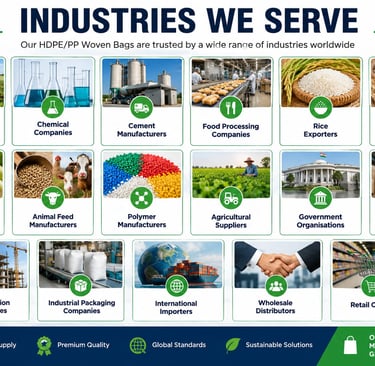 Industries served by HDPE and PP woven bags, including agriculture, food processing, and chemical companies.