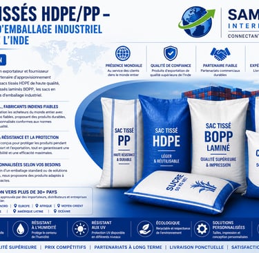 Industrial PP and HDPE woven sacks by Sam India International for packaging sugar, cement, and fertilizer.