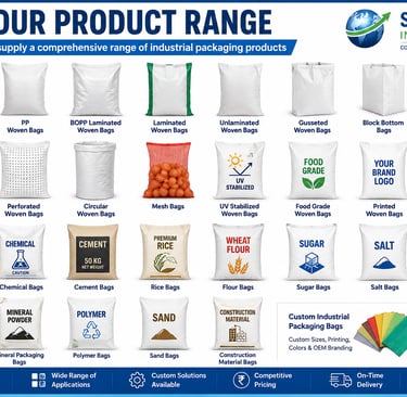 Comprehensive industrial packaging range including HDPE, PP, and laminated woven bags for cement, flour, and chemicals.