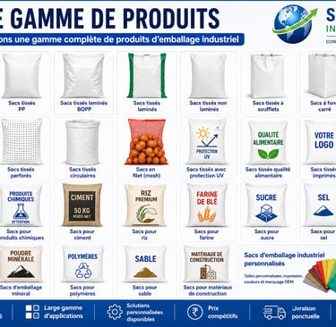 A catalog of Sam India International industrial packaging products including woven HDPE, PP, and BOPP sacks.
