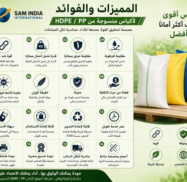 Infographic showing features of Sam India International woven HDPE and PP bags including durability and UV resistance.
