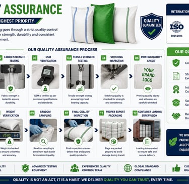 Quality assurance process infographic for HDPE and PP woven bags showing testing and inspection steps.