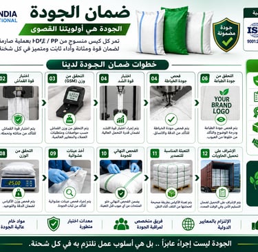 Infographic showing the 12-step quality control process for manufacturing woven HDPE and PP bags at Sam India International.