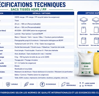 Technical specifications table for HDPE and PP woven bags with customizable industrial sack options.