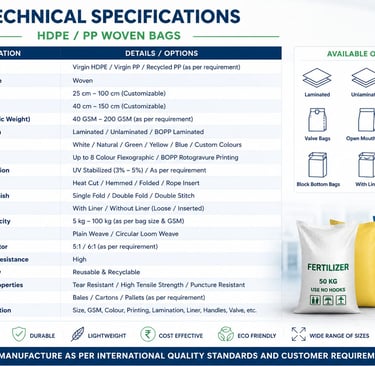 Technical specifications table for HDPE and PP woven bags including fabric type, GSM, and lamination options.