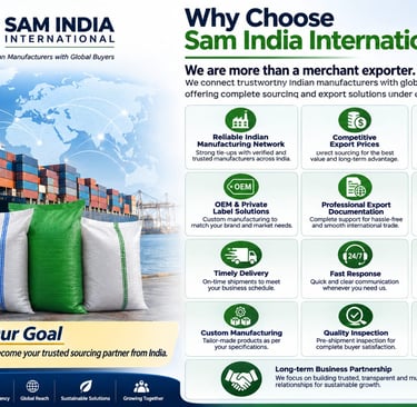 Sam India International infographics explaining export services, sourcing from Indian manufacturers, and global shipping