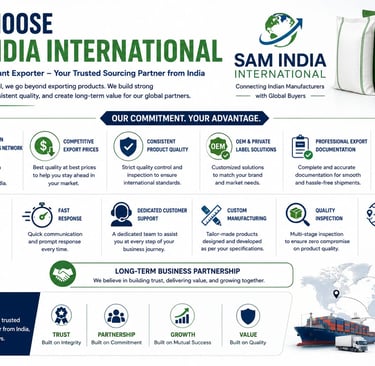 Sam India International infographic outlining export services like custom manufacturing and global shipping solutions.