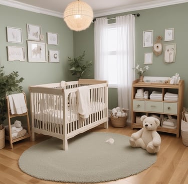 A serene, neatly organized nursery with soft earthy tones and minimalist decor.