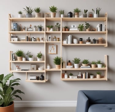 Wall-mounted storage shelves holding baskets and tiny house essentials in a modern setup