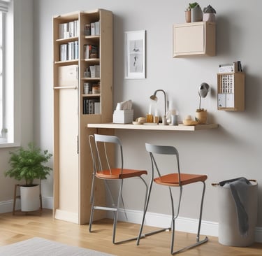 A bright tiny kitchen with open shelving and hanging pots maximizing vertical space