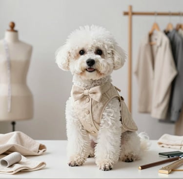 Un pequeño perro Bichon Frise blanco con una elegante pajarita beige y un chaleco en un estudio.