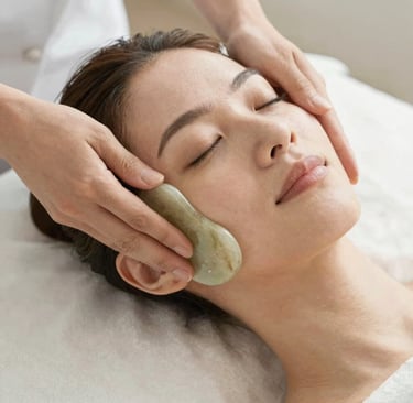 A woman massade on her face with a guashha stone