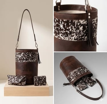 BOLSO CILINDROHECHO A MANO EN PIEL ENCERADA Y PELO VACUNO TEÑIDO POTRO. 