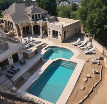 A serene backyard pool at sunset with soft underwater LED lights glowing.