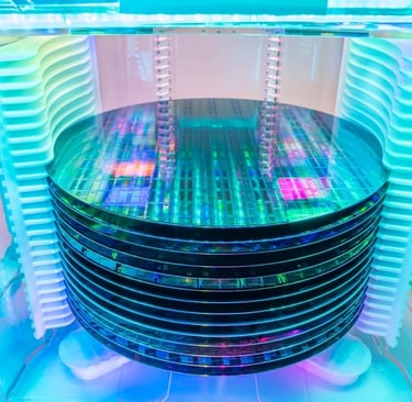 “Silicon wafer stack inside semiconductor fabrication equipment during chip manufacturing process”